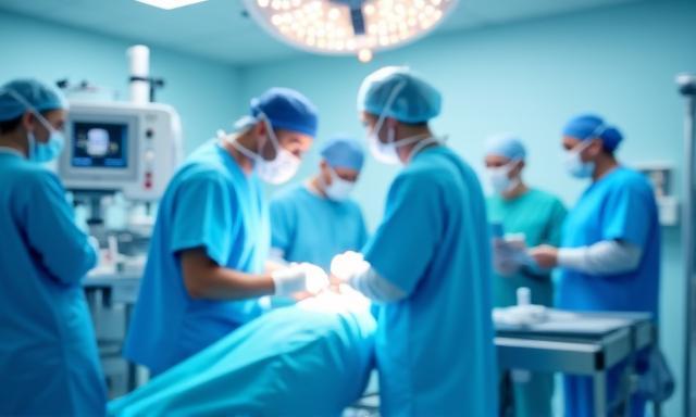 Interior moderno de quirófano hospitalario con personal médico trabajando eficiente