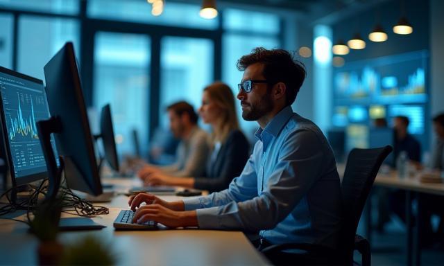 Equipo de fintech trabajando en oficinas modernas con tecnología avanzada