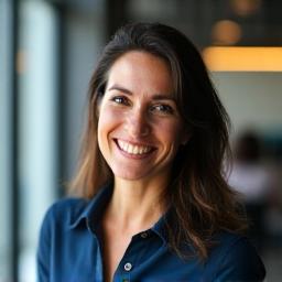 Maria Lopez, directora de fintech, sonriente en oficina tecnológica