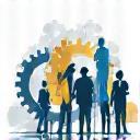 Ícono de gestión del cambio, personas colaborando y engranajes integrados